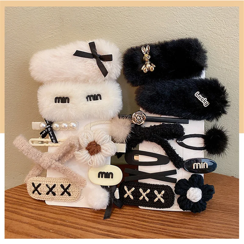 10Pcs/Set Girls Hair Accessories Winter Plush White Black Hairpin Cute Rabbit Bunny Base Hair Clip Bangs Side Children Headdress