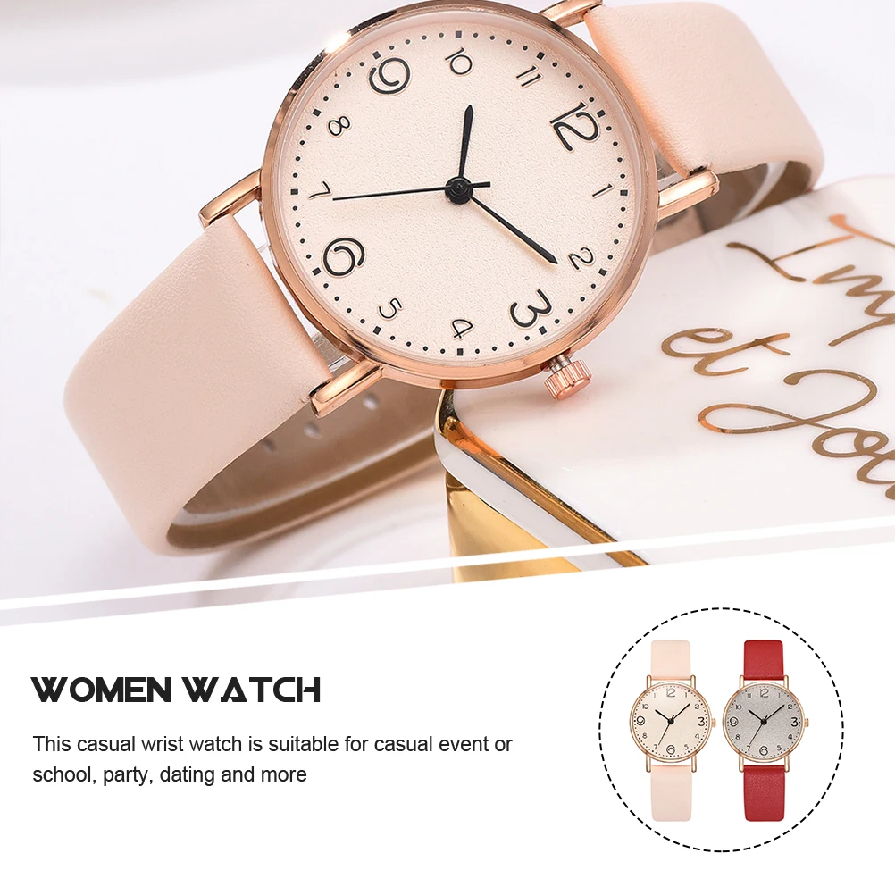 

2Pcs Fashionable Women Quartz Watch PU Strap Casual Wrist Watch Perfect For Students Red Beige