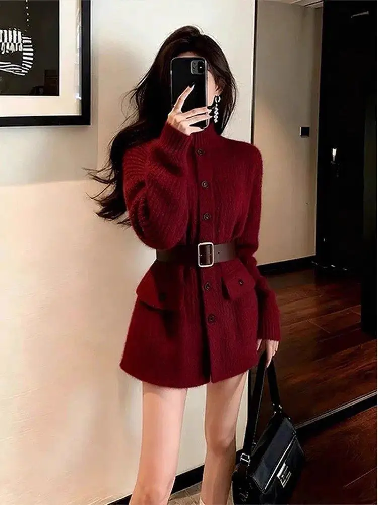 Red Knitted High Collar Sweater Women's Winter Slim Fit Short Coat Belted Waist Stylish Luxury Style Long Sleeve Button down