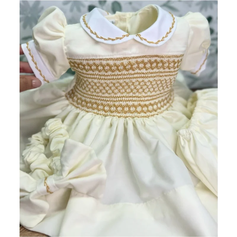 0-12Y Baby Girl Summer Handmade Embroider Smocked Beige Dress for Birthday Holiday Easter Photography Eid A210