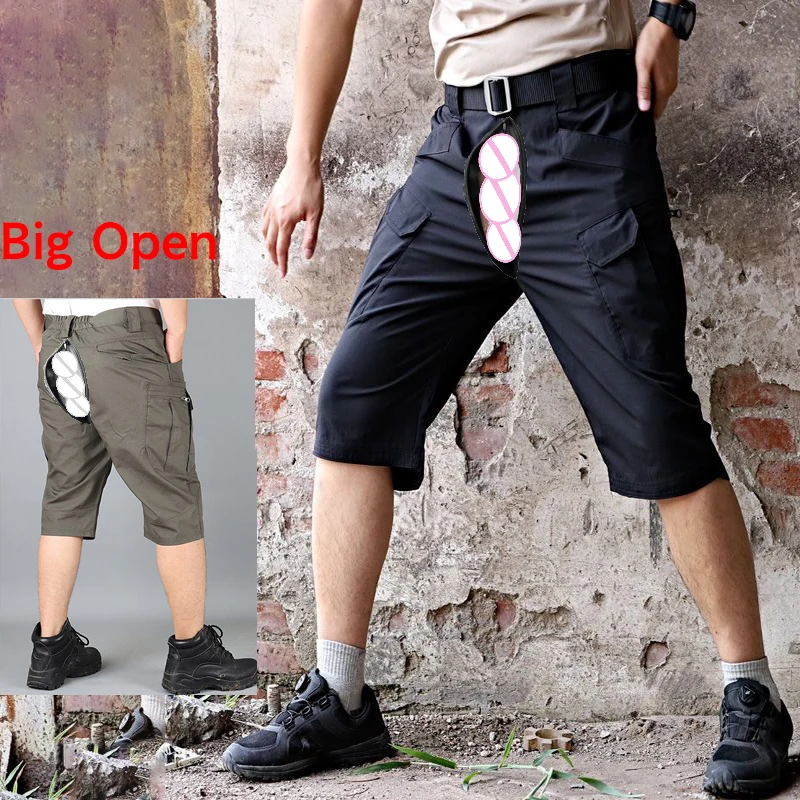 Offener Schritt lange Länge Cargo-Shorts Männer Sommer Outdoor-Sex exotische lässige Baumwolle elastische Hosen militärische taktische kurze Reithose