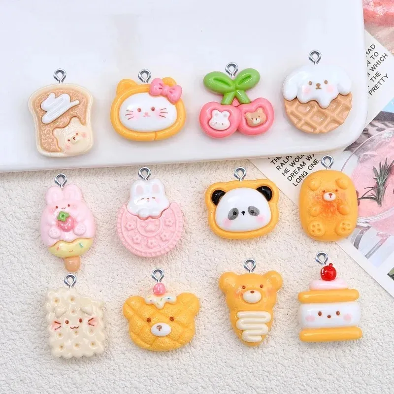 10Pcs Kawaii Bread Biscuit Animal Resin Charms Cartoon Pendants Handmade Jewelry Accessories