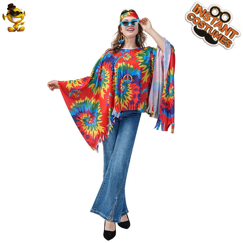 Erwachsene Frauen Hippie Kostüm 60er 70er Jahre Hippie Disco Umhang Halloween Cosplay Party Phantasie Retro-Outfit