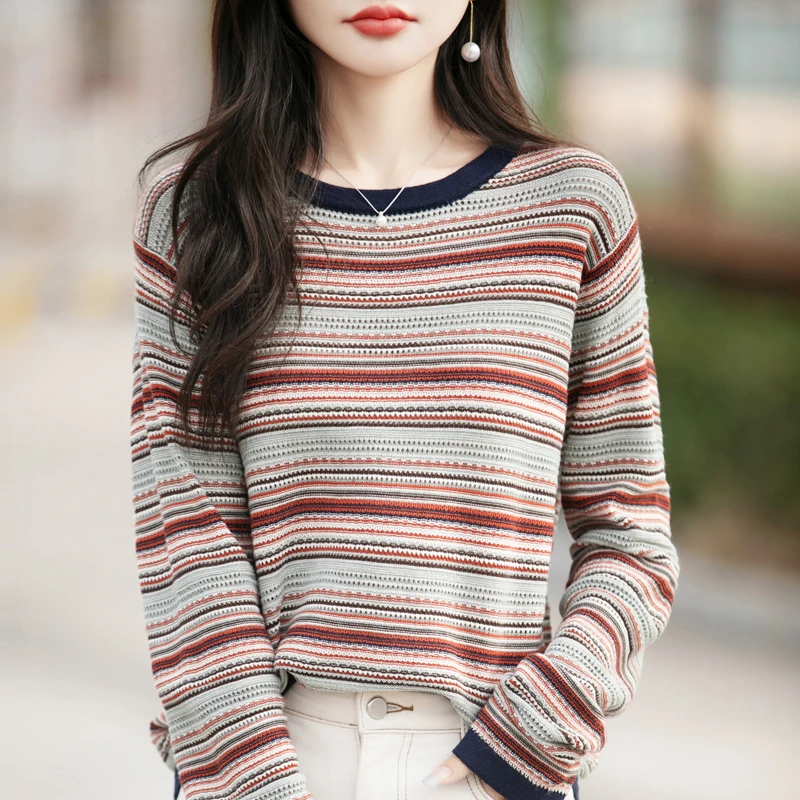 Women's 100% Pure Cotton Lace-Up round Neck Pullover Striped Knitted Air Conditioning Cover Fashionable Top for All Seasons