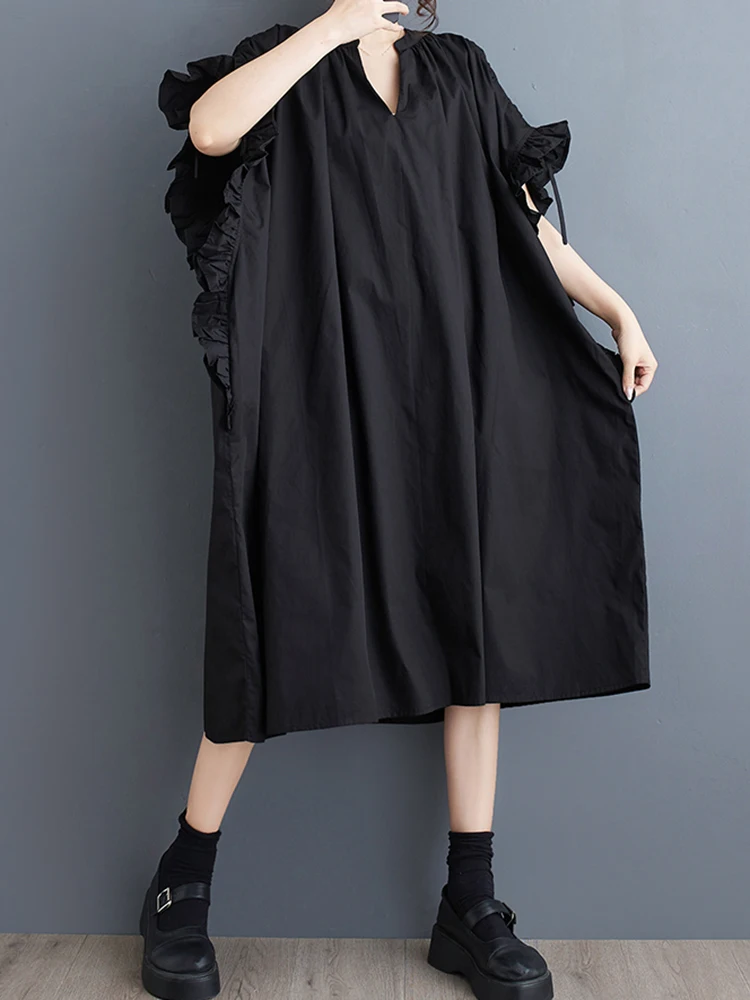 XITAO V-neck Solid Color Loose Dress Edible Fungus Drawstring Temperament All-match Slimming 2024 Women New Dress WLD20131