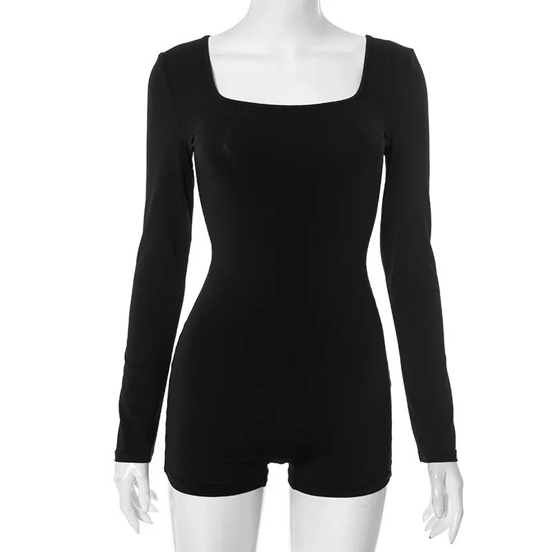 Fmxires جديد عارية الذراعين الصلبة ساحة الرقبة Playsuit النساء Bodycon ملابس رياضية مرنة السراويل ضئيلة أنيقة الحد الأدنى اللياقة البدنية الملابس