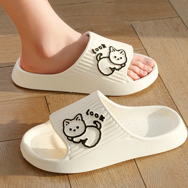 2024 Summer Women Slippers Beach Slides Cartoon Cat Flip Flops Men's Thick Sole Indoor Bathroom Anti-Slip Shoes Couple Sandals