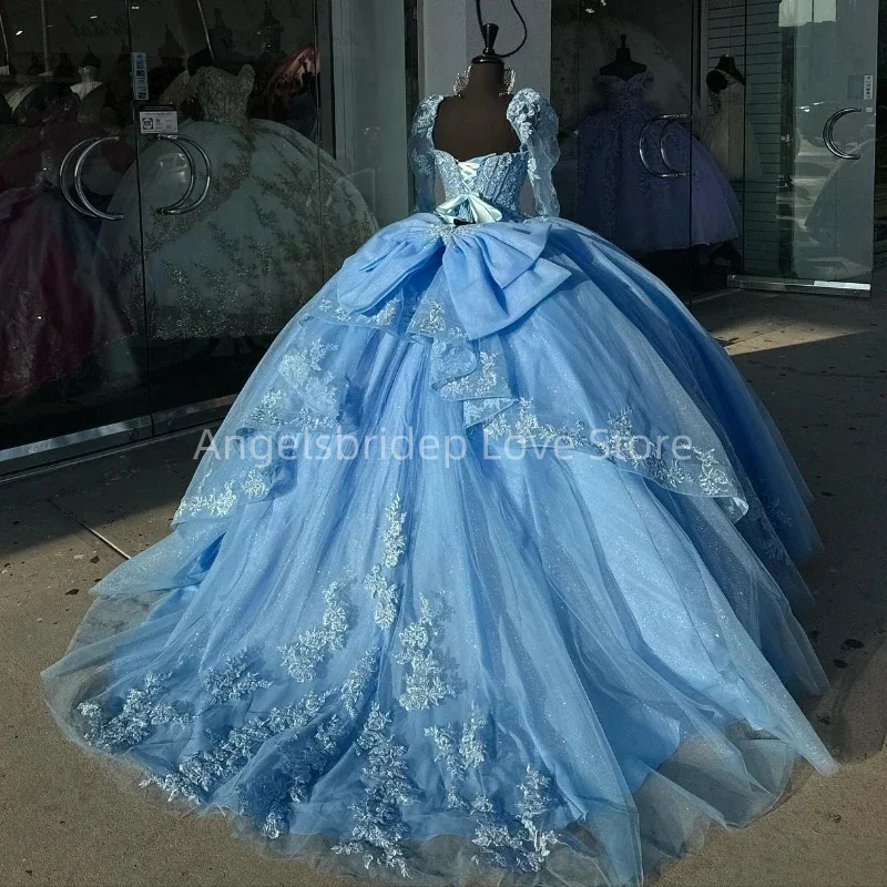 Angelsbridep Sky Blue 3D Flora Off Shoulder Long Sleeves Ball Gown Quinceanera Dress Evening Party Dresses Vestido De 15 Años