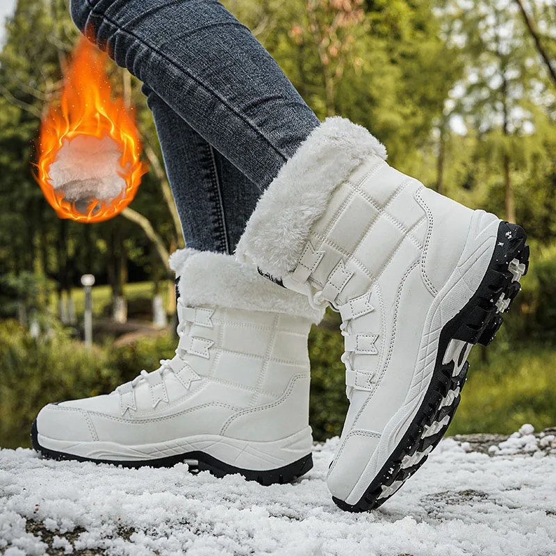 Winter Women Boots High Top Waterproof Hiking Shoes Fur Warm Snow Ankle Boots for Women Wedge Non-slip Sneakers Bota Masculina