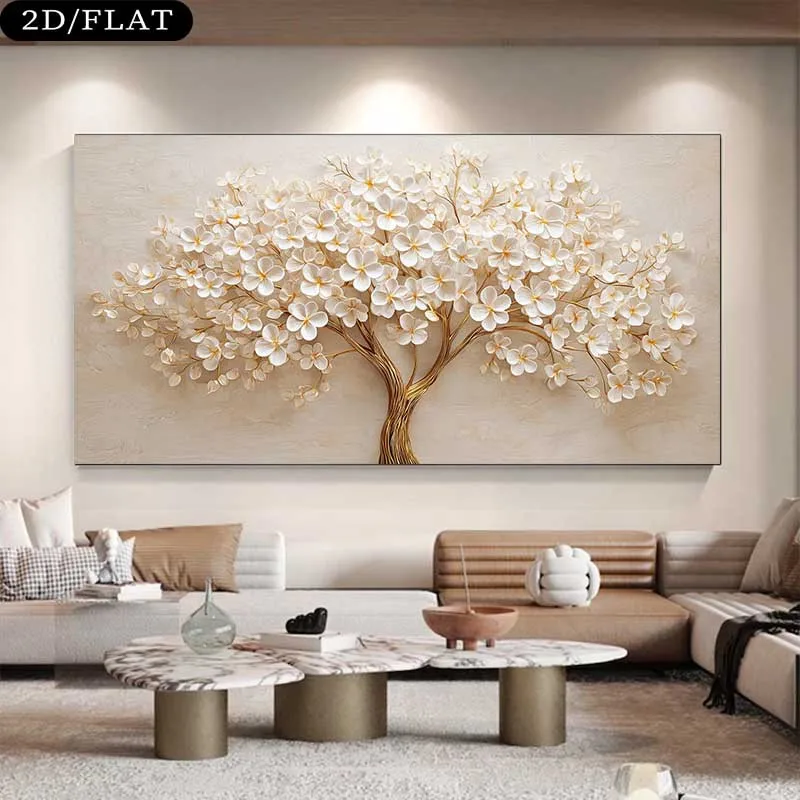 

2D Flat Large Modern White Blossom Tree Canvas Wall Art Frameless for Living Room, Bedroom, Office White Flower Tree Mural Decor