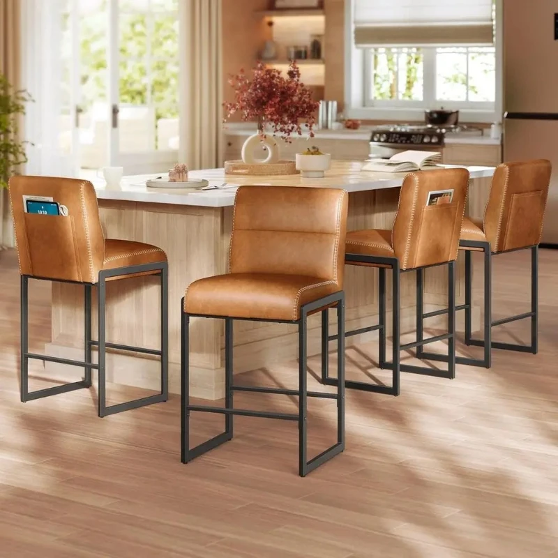Collection - Bar Stools Set of 4, Counter Height Stools with Backs, 26.4-Inch Barstools Chairs, Synthetic Leather with Stitching