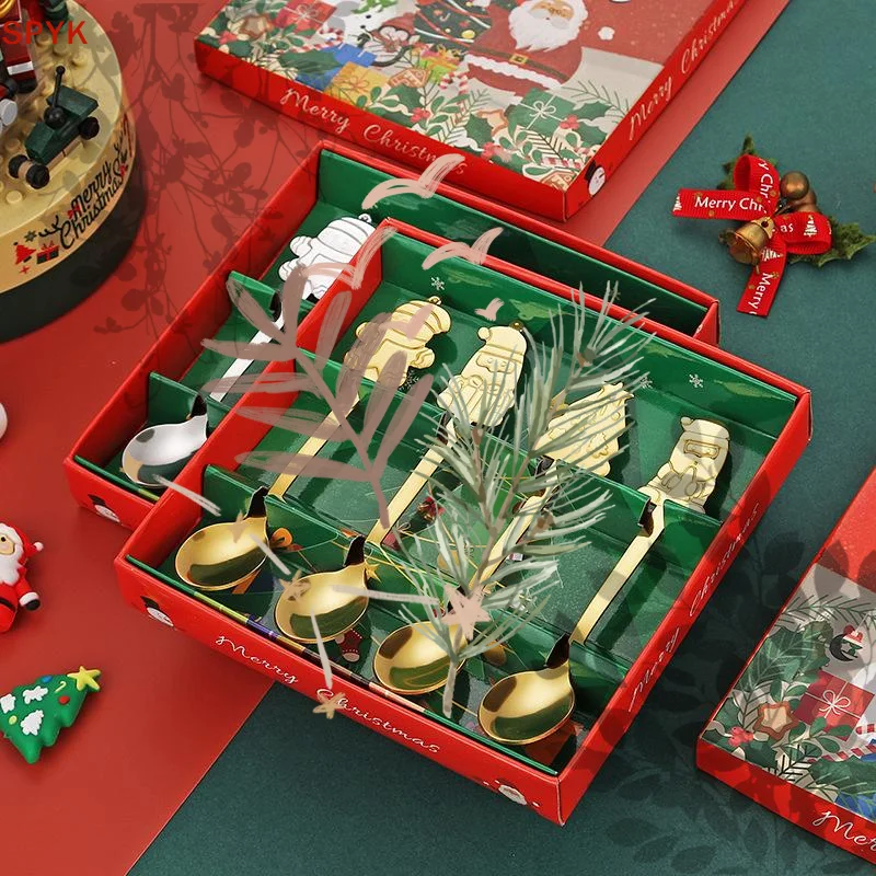 Stainless Steel Christmas Spoon Set With Cute: 4Pcs Santa Snowman Tree Handles Holiday Gifting Dessert