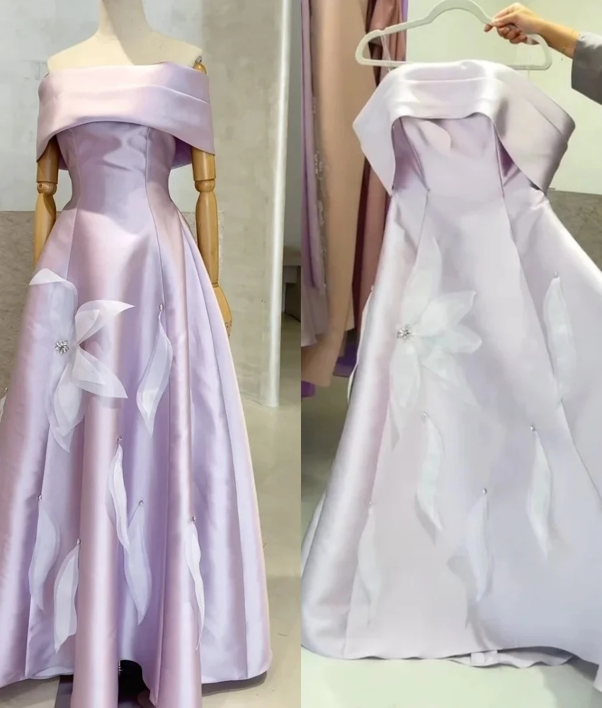 

Customized Graceful Satin A-Line Off the Shoulder Crystal 3D Flowers Evening Dress Sexy Boat Neck Short Sleeves Prom Gowns