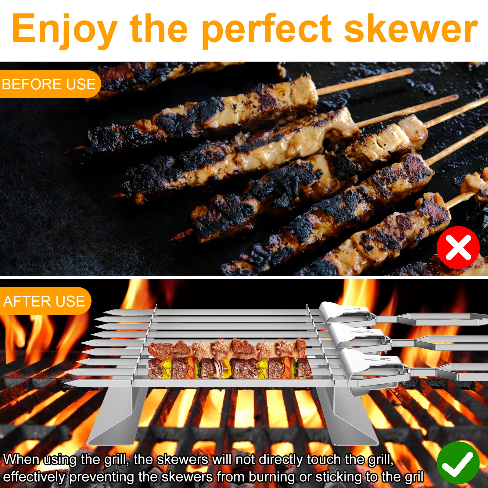 3Pcs 3Prong Skewers with 2Skewer Rack Stainless Steel Kabob Skewers 3Way Grill Skewers Metal Grilling Skewers BBQ Grill Skewers