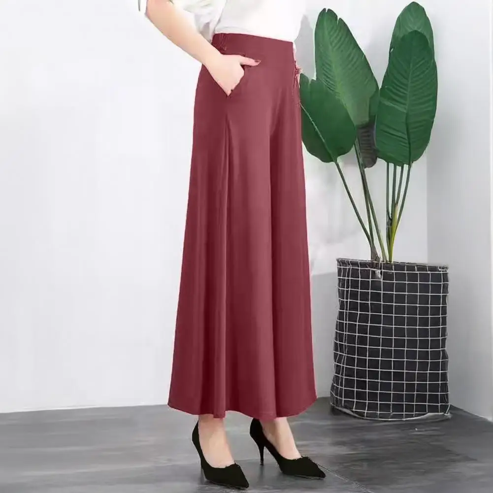 Elastic Waist Trousers Wide-leg Long Pants Women’s High Waist Wide Leg Pants with Pockets Solid Color Suit Trousers for Wear