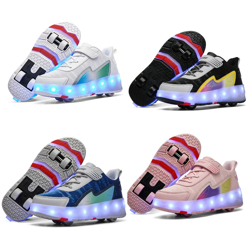 

Children Four Wheels Luminous Glowing Sneakers Black Pink Led Light Roller Skate Shoes Kids Led Shoes Boys Girls USB Charging