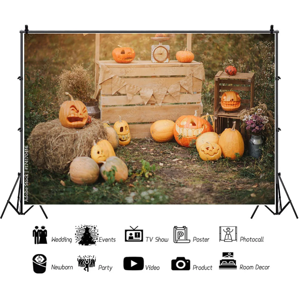 Nitree Halloween Background Autumn Pumpkin Farm Haystack Fallen Leaves Baby Photography Studio Prop Background  NG-02