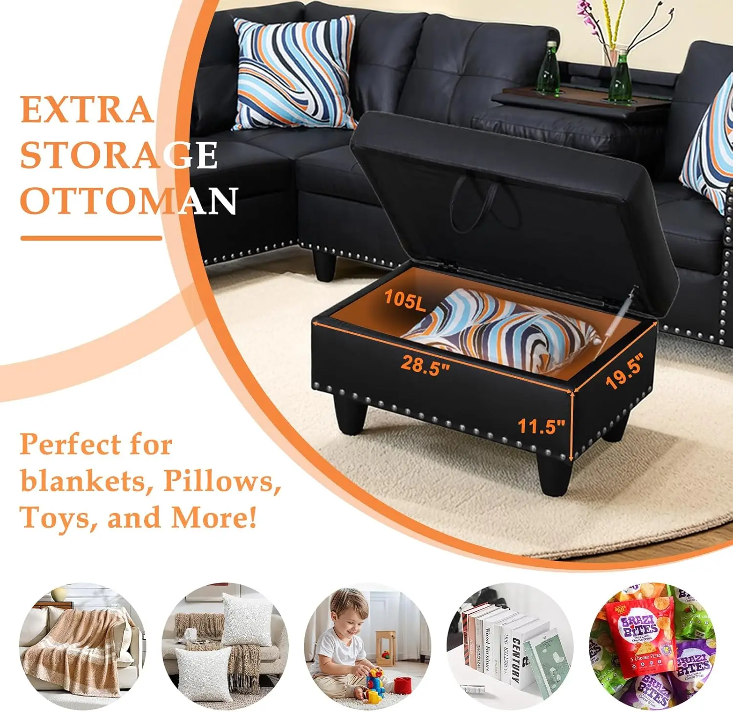 Sectional Sofa Couch, Modern 4-Seaters Living Room Furniture Sets with Chaise Lounge, Ottoman & 2 Pillows | L Shape Couch image 5