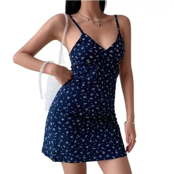 Image Y2K Vintage Floral Cross Cami Dress Women Slim Sleeveless V-Neck Summer Sexy Cute Backless Patry Black Mini Korean Dresses Woman