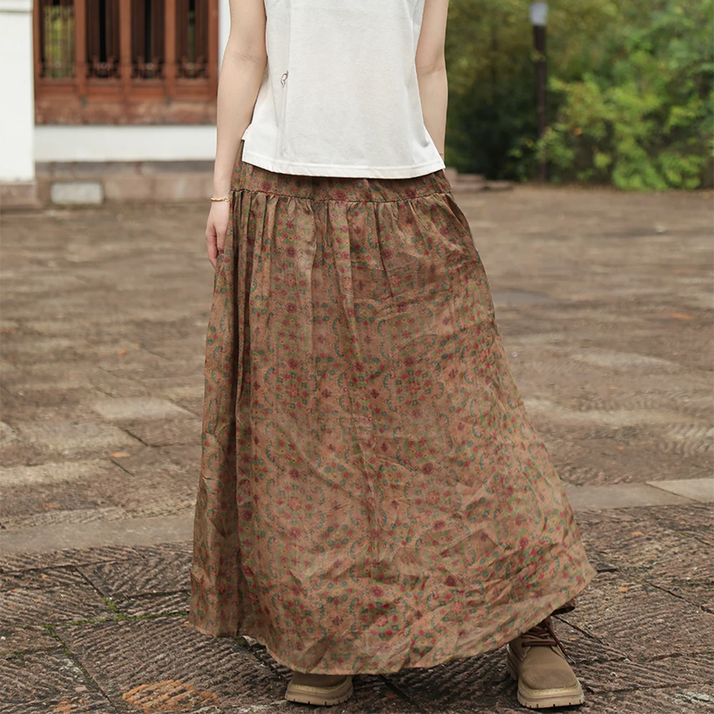 LZJN Spring Retro Ramie Patchwork Double-Layer A-Line Skirt With Elastic Waist For Women – Elegant And Versatile Long Skirt