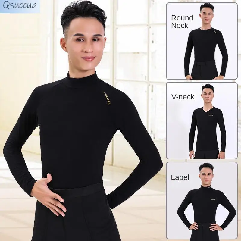 Men\'s Latin Dance Tops Adult Practice Clothing Modern Dance Long-Sleeved National Standard Dance Round Neck Turtleneck V-Neck