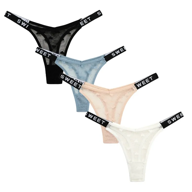 TrowBridge Damen-Tangas mit niedriger Taille, hohlem Netzstoff, weiblicher Buchstaben-Print, süße Liebesunterwäsche, sexy Dessous, bequem, atmungsaktiv, T-Back, Sale