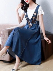 TIYIHAILEY Women Long Mid-Calf Sleeveless Denim Summer Dresses M-2XL Chinese Style Embroidery Big Hem