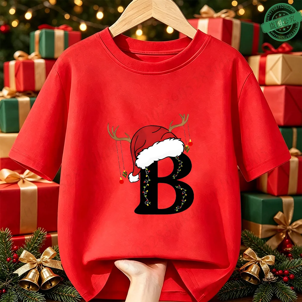 Christmas Antlers Santa Hat  A‑Z Alphabet Print Kids T‑Shirt  Cotton Boys Girls Short Sleeve Children's Xmas Holiday Party Top