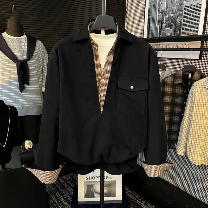

American Autumn Men's Long-sleeved Shirt Spliced old Money Style Casual Fake Two-piece Shirt