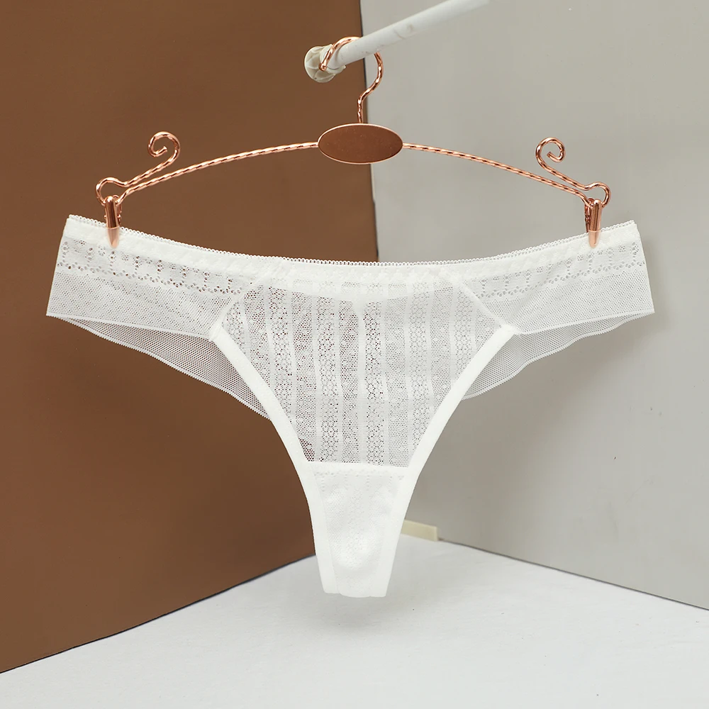 Women Sexy Thong Hollow Floral Lace Low Rise Sheer Mesh Stretch Breathable Transparent Ladies Daily Intimates