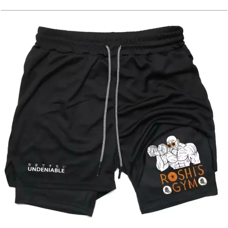 Pantaloncini Dragon Ball 2 in 1 Anime giapponesi Master Roshi Graphic Harajuku Pantaloncini a due piani PALESTRA Fitness Pantaloni corti maschili ad asciugatura rapida