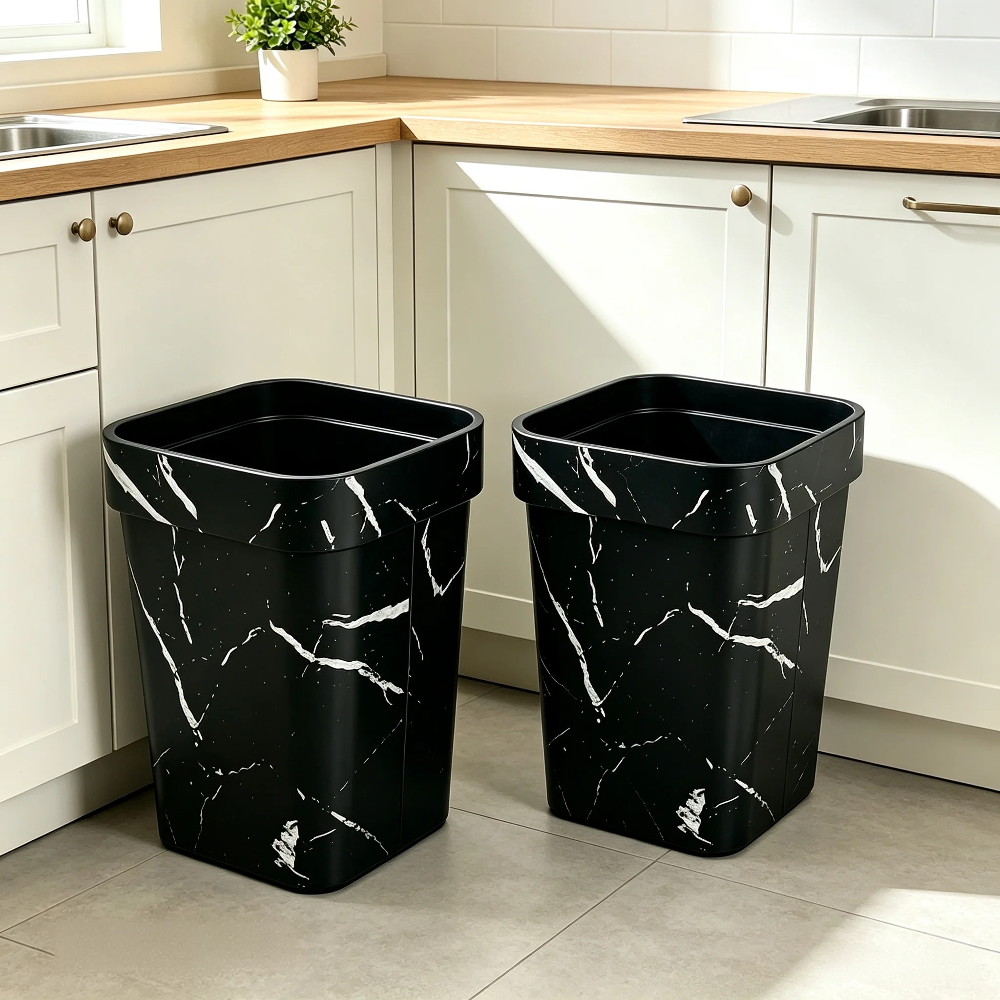 16L Square Open‑Top Trash Bin Set of 2, Black Marble‑Look Plastic Waste Container, Waterproof Decorative Garbage Can for Indoor Household Use