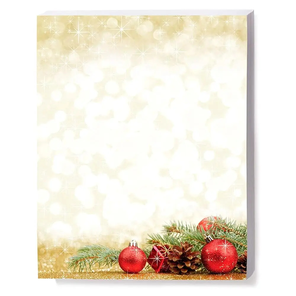 

Бумага для декоративной отделки Golden Sparkle Holiday Enchantment, светло-золотистый фон с сосновыми ветками и украшениями, 8,5 x 11 дюймов, без кислот