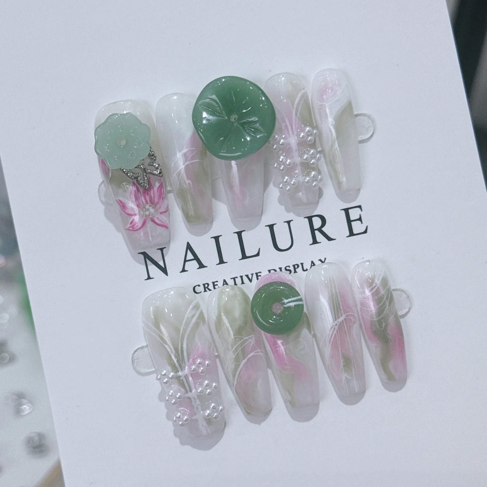 10pcs Handmade Press on Nails 3D Lotus Leaf Design Fake Nails Summer Wearable Gradient Pearl Decor Ballet Coffin False Nails