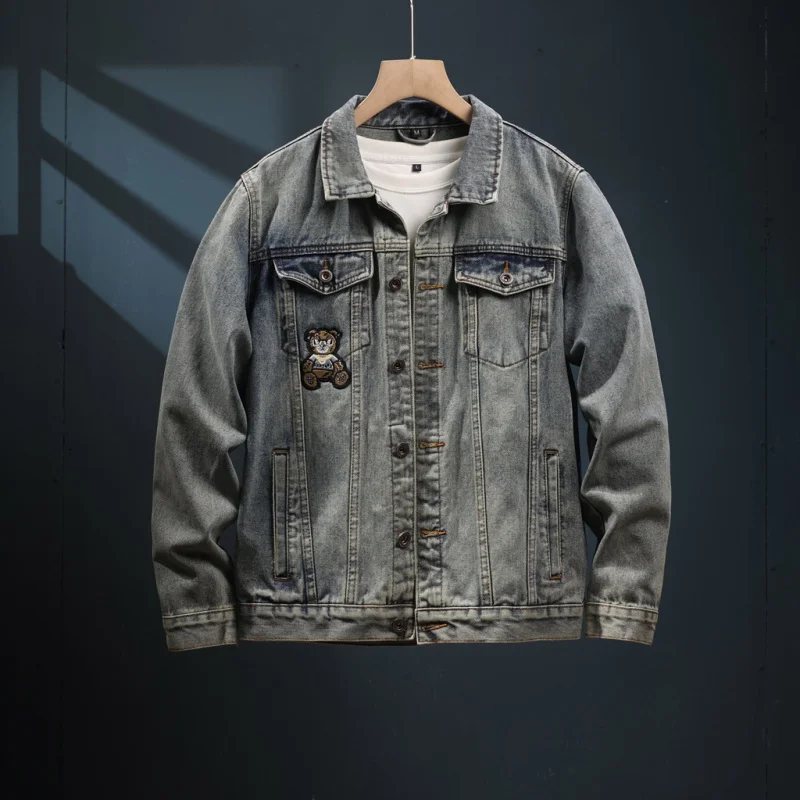 

2024 New Street Fashion American Retro Denim Wear Men's Locomotive Korean Style Pu Shuai Bear Embroidery Jacket