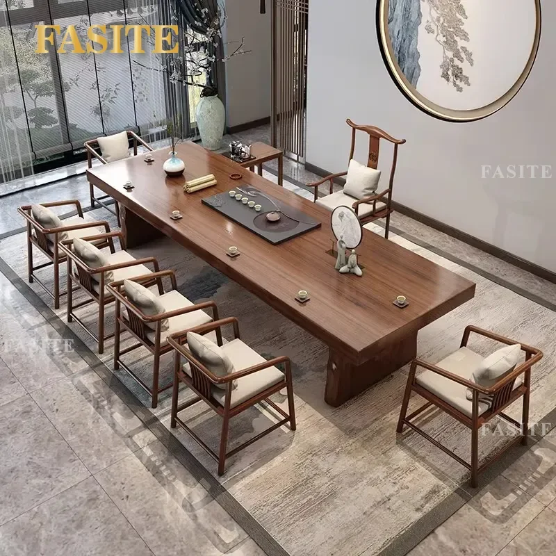 For New Chinese Style Solid Wood Tea Table Set Large Board Home Living Room Office Reception Furniture Durable Elegant Design