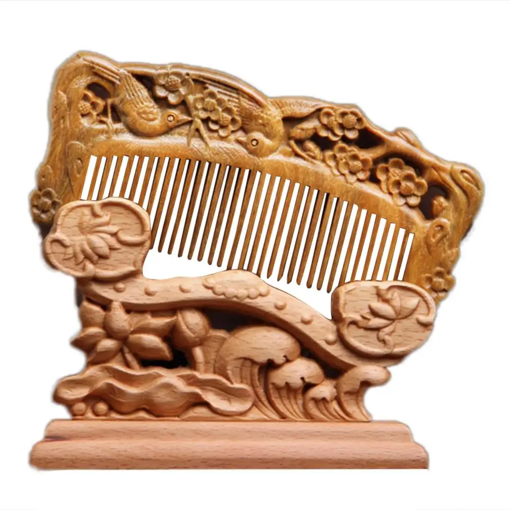 Hollow Comb Carved Wooden Comb Natural Peach Wood Anti-static Massage Health Care Combs Vintage Hair Brush Combs Styling Tools