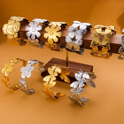CARLIDANA Exaggerated Big Flower Personalized Hollow Out Leaf Open Wide Bangle Stainless Steel Non Tarnish Cuff Bracelet Women