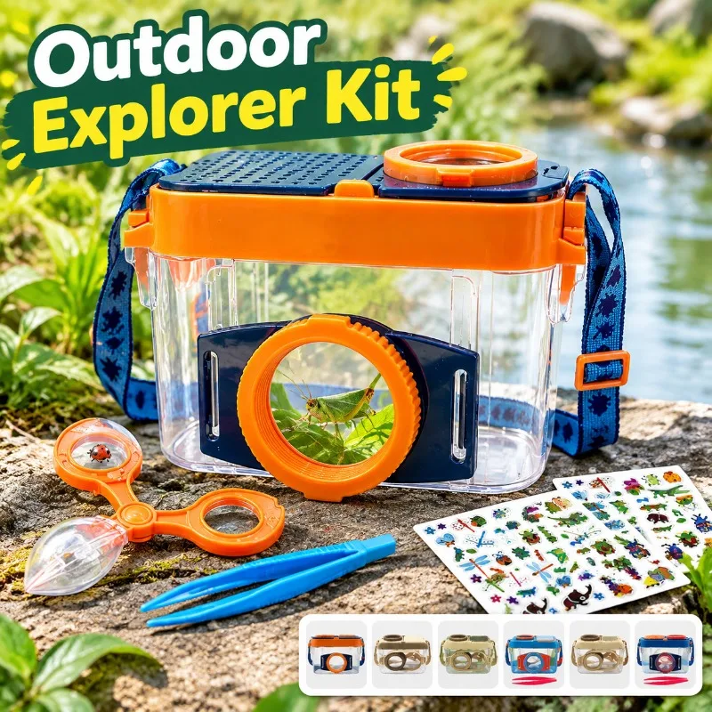 Kids Insect Observation Container Bug Catcher Kit, Outdoor Nature Explorer Set with Tweezers and Stickers, Portable Bug Viewer