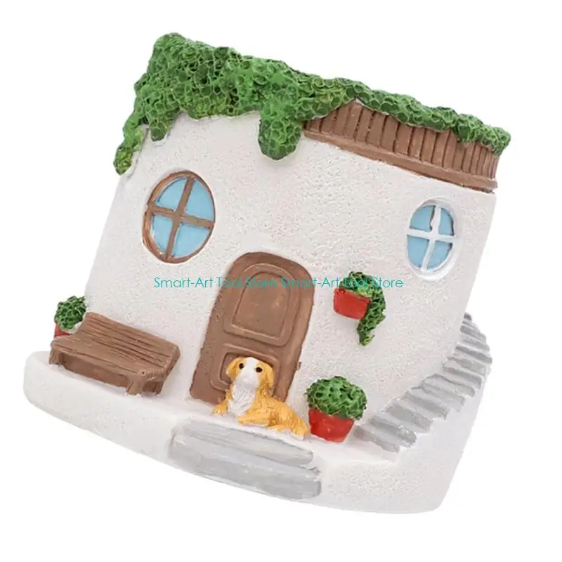 E1PB Cream Color Miniature Villa Planter 6cm Inner Space Resin Plant Pot Drainage Design