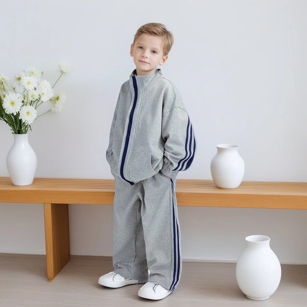 

2025 Autumn Grey Kids Sportswear Youth Boys Girls Sweatshirt Pants 2pc Tracksuit Set Comfortable Casual Outfit Set for Children