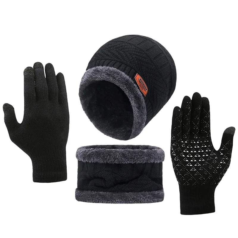 2025, Winter-Strickmütze, Hals-Handschuh-Set, dreiteilige warme Strickmütze aus Wolle, rutschfestes Touchscreen-Handschuh-Set