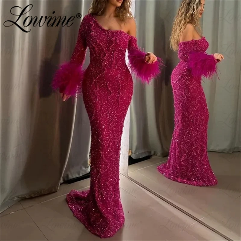 Lowime Blue Mermaid Elegant Off The Shoulder Beaded Feathers Women Evening Dress Gown for Wedding Party 2024 Long Prom Dresses