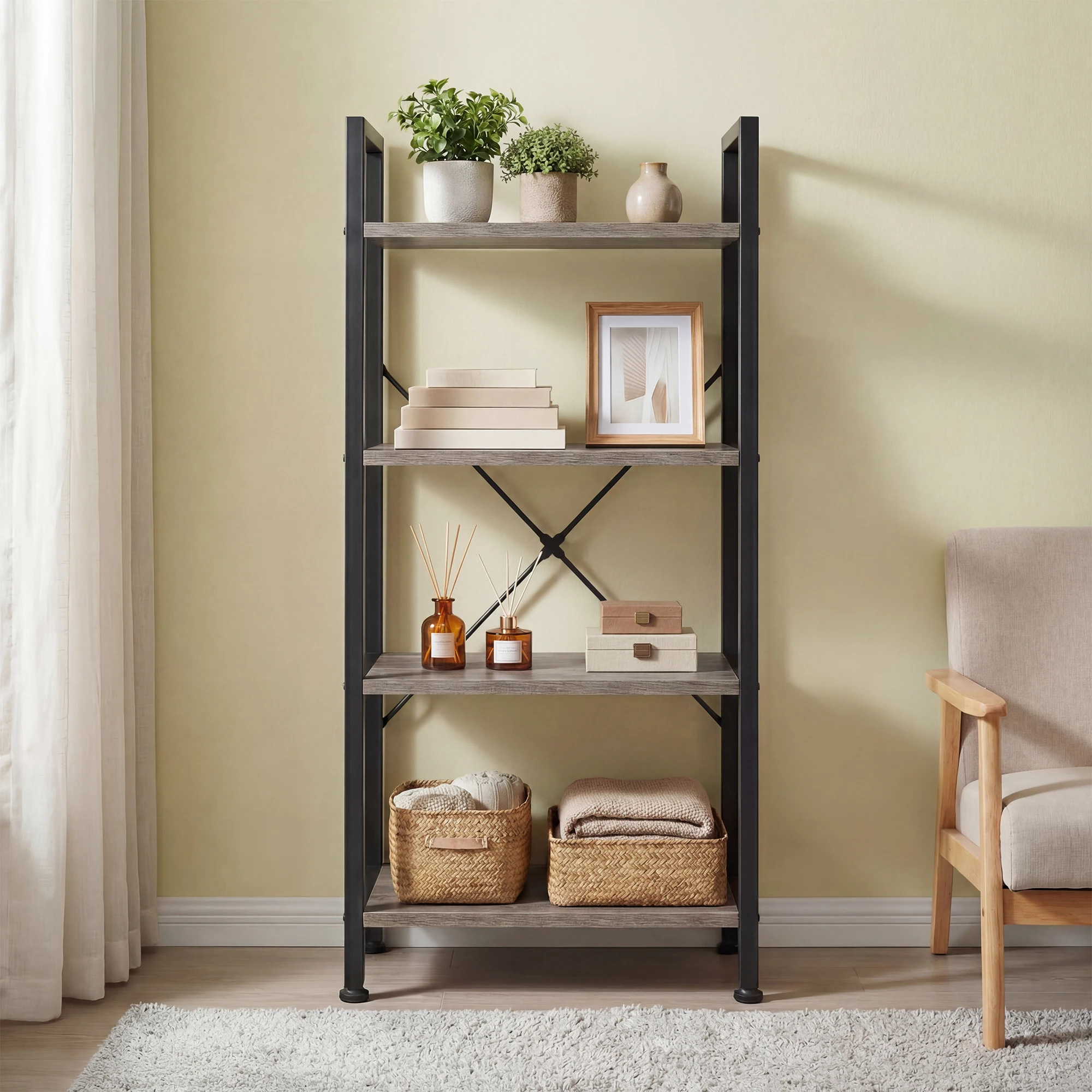 MCQ Metal 4 Tiers Classic Bookshelf Freestanding Tall Display Shelf Wooden Storage Tall Display Shelves Bookshelf Sturdy Structure Graduated Shelves Adjustable Feet for Home