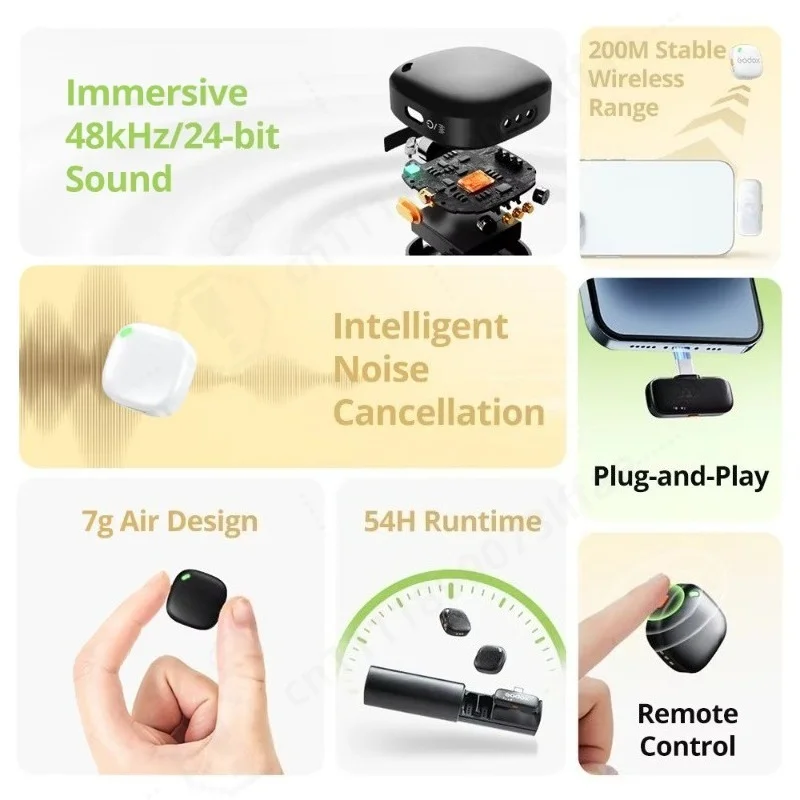 Wireless  Microphone Kit, Noise Cancelling, 200m Range, 27H Battery, for Phone Android, Vlog Photography Recording