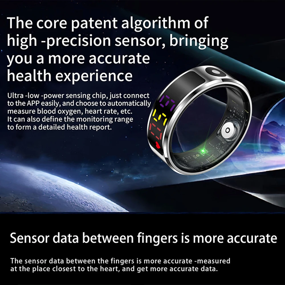 Smart Ring with Charging Case LED Display,Heart Rate Blood Oxygen Health Manager,5ATM Waterproof Multi Sport Modes For Men Women