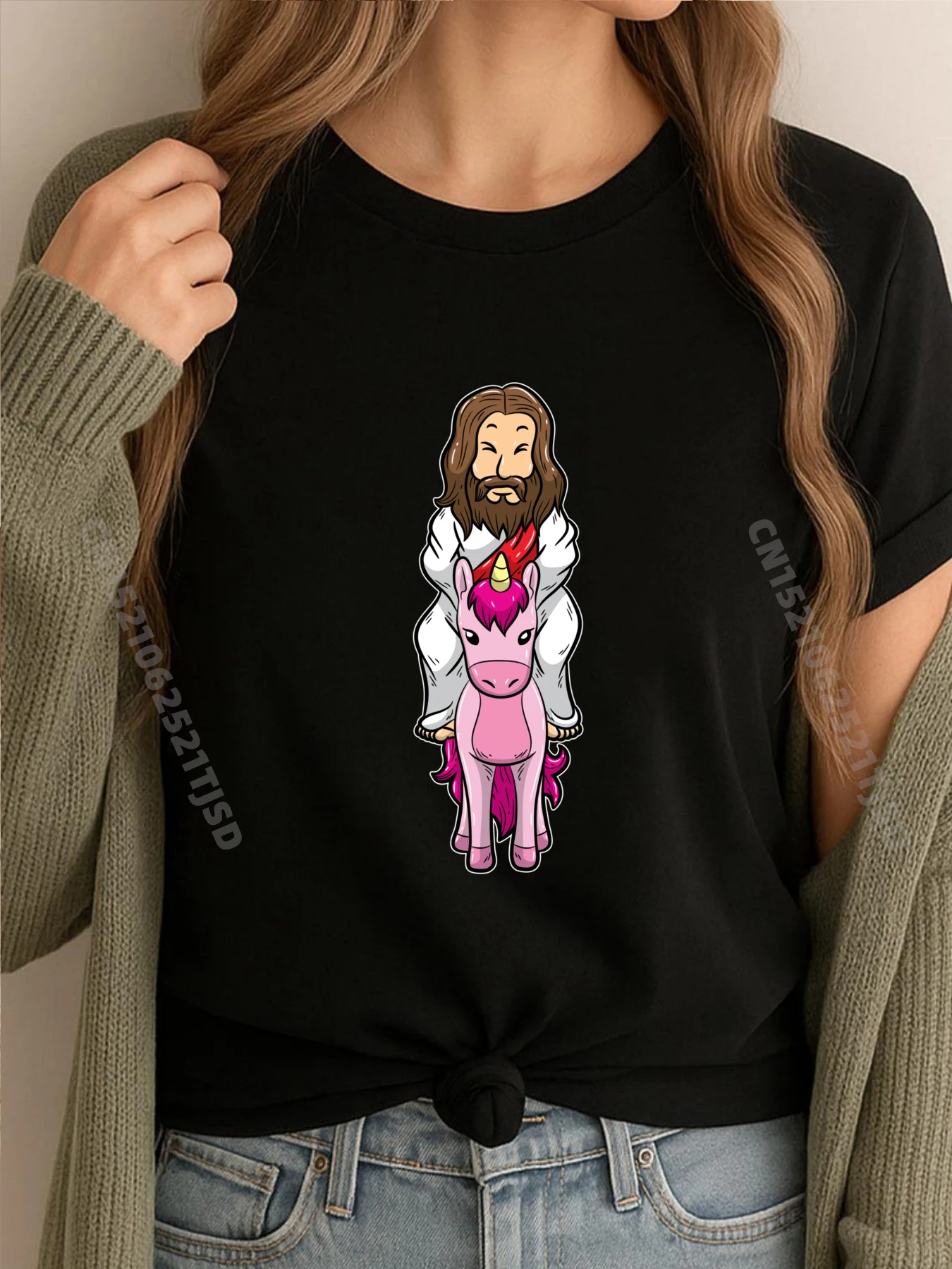 

Длинная рубашка с розовым единорогом «Иисус верхом», забавные рождественские пасхальные однотонные футболки, оптовая продажа, футболка с мемами, большой размер