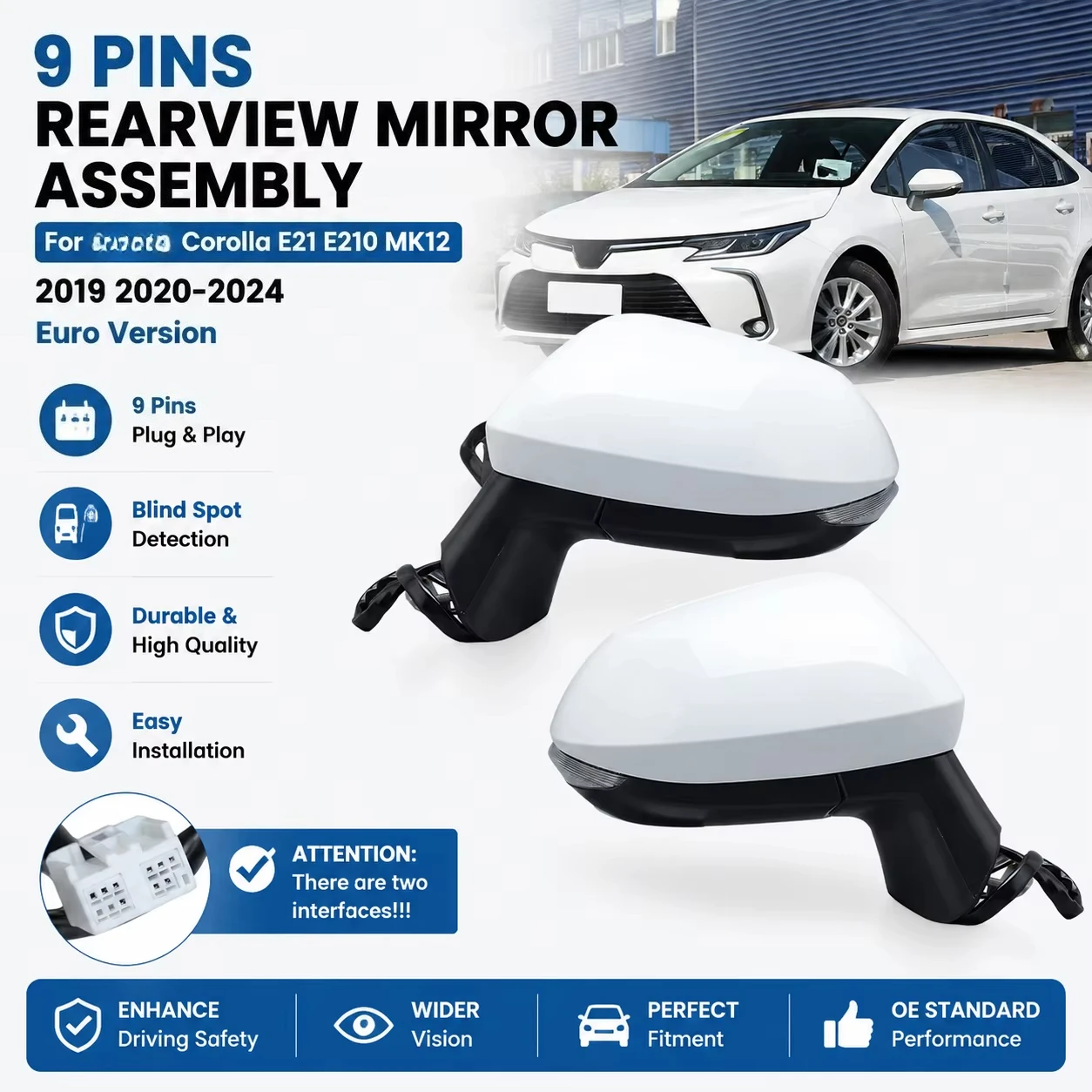 9 Pins Rearview Mirror Assembly for Corolla E21 E210 MK12 2019 2020-2024 White Euro Version Blind Spot Car Accessories