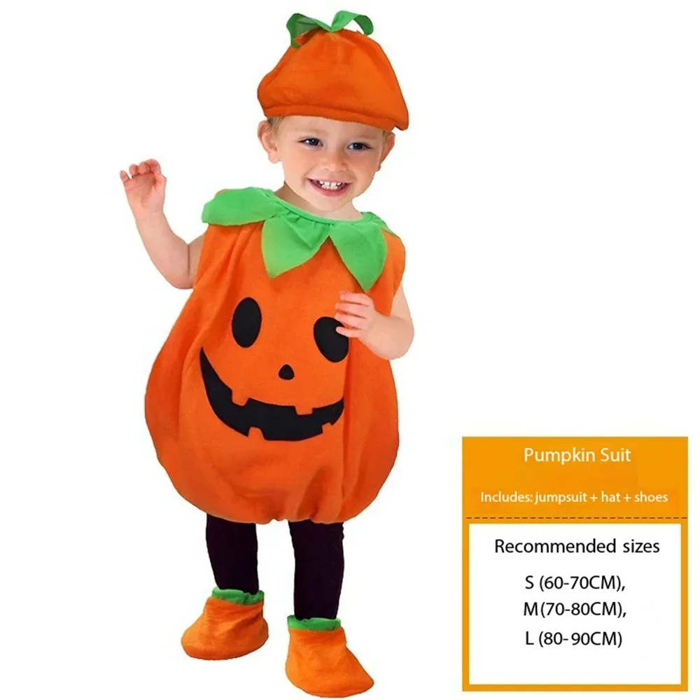 Kostium dyni na Halloween dla dzieci, dla chłopców i dziewczynek, kombinezon do odgrywania ról, topy + kapelusz + torba, zestaw ubrań na karnawał i imprezy.