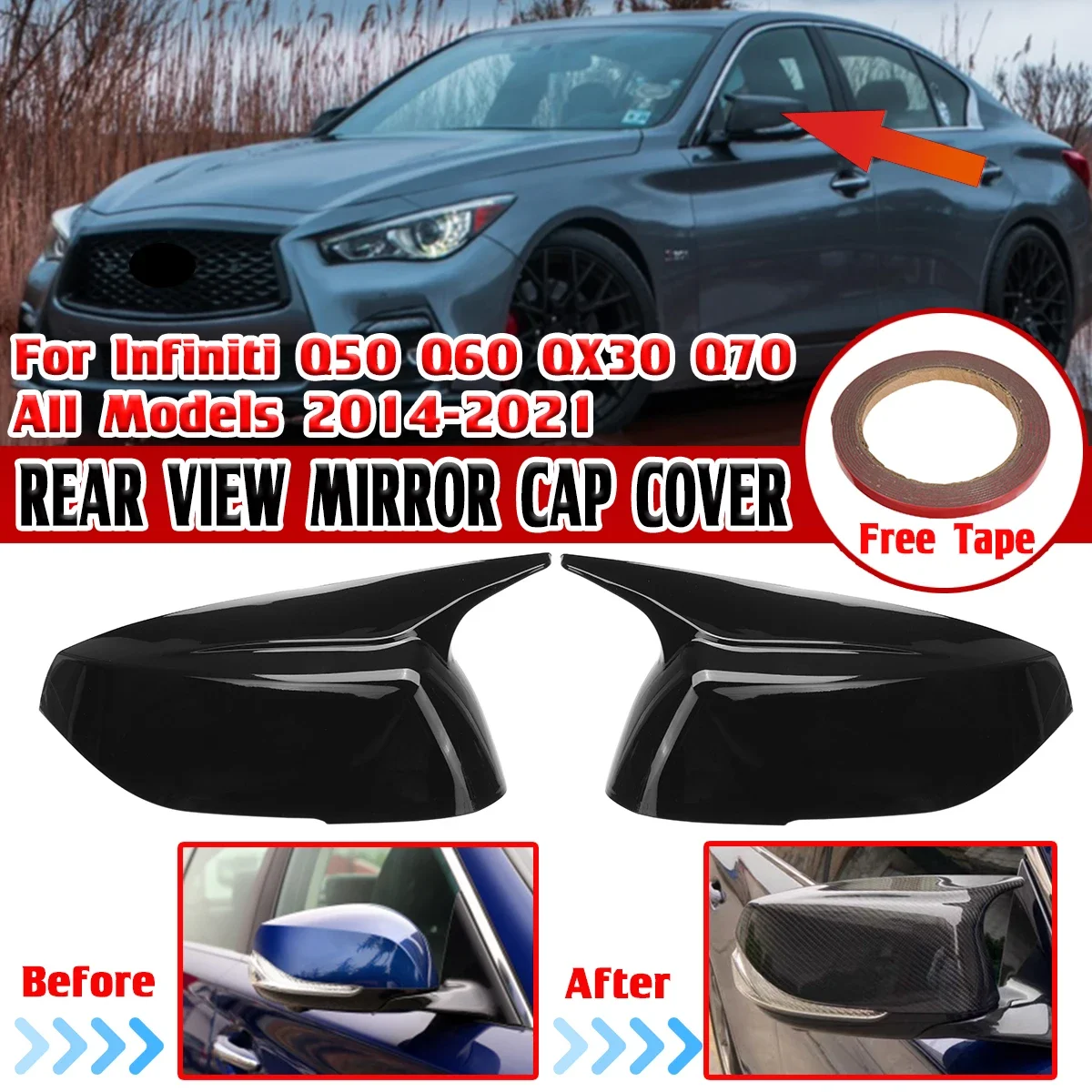 

Pair Horn Rearview Mirror Caps For Infiniti Q50 Q50S Q60 QX30 Q70 2014 - 2023 M Style Wing Side Mirror Cover Car Accessories